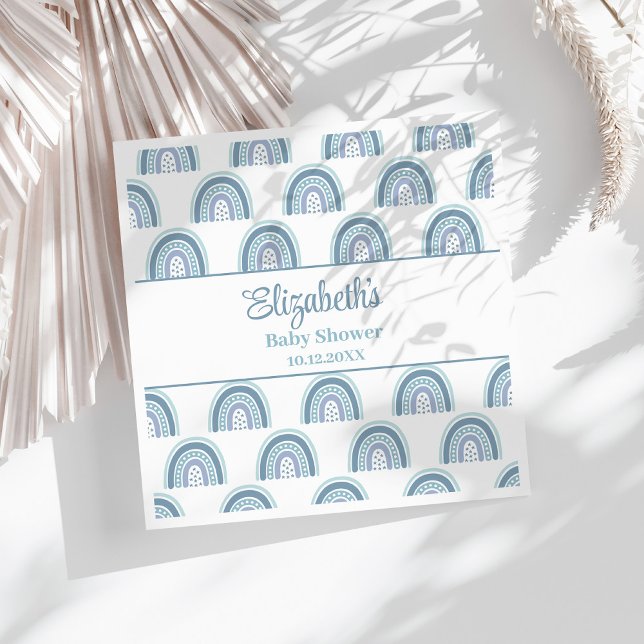 Guardanapo De Papel Boho Dusty Chá de fraldas Arco-Íris Azul Napkins (Boho Dusty Blue Rainbow Baby Shower Napkins on a sunny white table.)