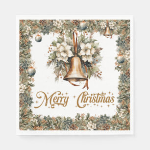 Guardanapo De Papel Boho Elegante folhagens e sinos de Natal dourados
