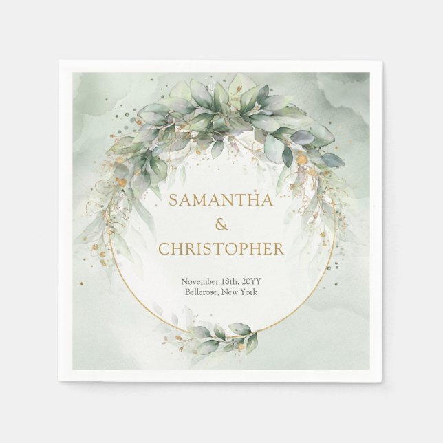 Guardanapo De Papel Boho Eucalyptus verde galhos falsos de ouro (Frente)