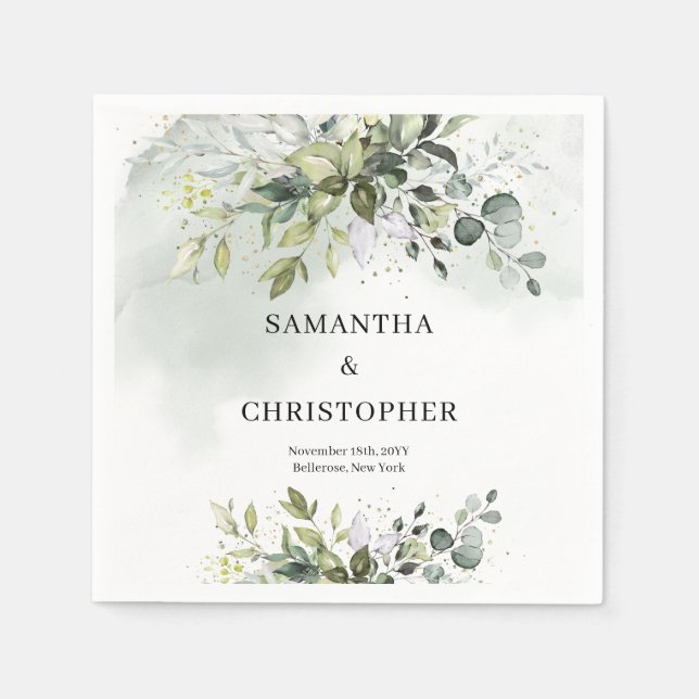 Guardanapo De Papel Boho Eucalyptus verde galhos falsos de ouro (Frente)