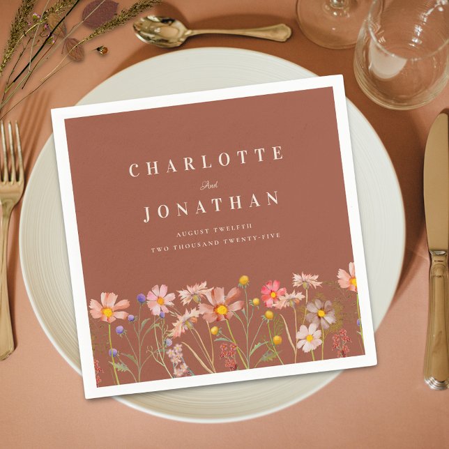 Guardanapo De Papel Boho Fall Rustic Wildflower Wedding (Boho fall rustic wildflower meadow burnt orange floral wedding custom napkin elegant modern)