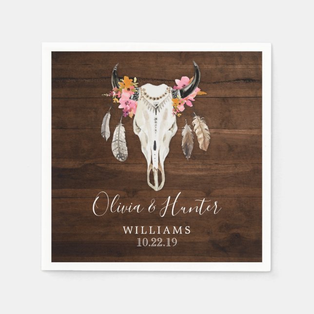 Guardanapo De Papel Boho Feather Antler Skull Dark Wood Casamento (Frente)