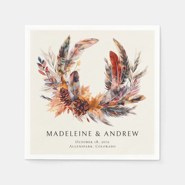 Guardanapo De Papel Boho Feather Floral Wreath Monograma Casamento (Frente)