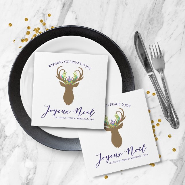 Guardanapo De Papel Boho French Christmas Reindeer Joy Noel Typografia (Boho French Christmas Reindeer Joy Noel Typography Napkins)