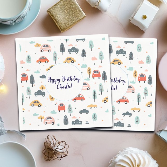 Guardanapo De Papel Boho Kids Cars, Árvores e Nuvens Padrão Aniversári (Criador carregado)