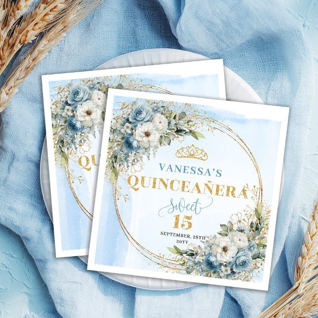 Guardanapo De Papel Boho Light Blue Floral Gold Glitter Quinceañera  (Boho Light Blue Floral Gold Glitter Quinceañera Napkins )