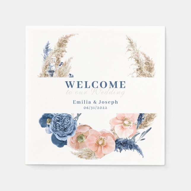 Guardanapo De Papel Boho pastel azul & blush Chic Wedkin Napkin (Frente)