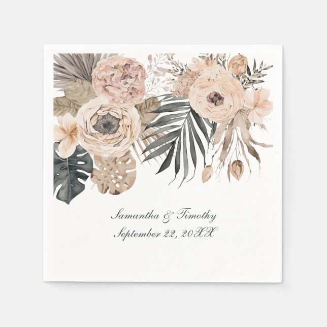 Guardanapo De Papel Boho Pink Beige Cinza Floral Botânica Casamento (Frente)