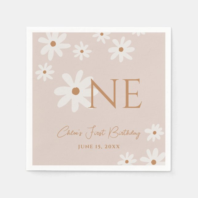 Guardanapo De Papel Boho Retro Light Brown Daisy Floral Primeiro Anive (Frente)