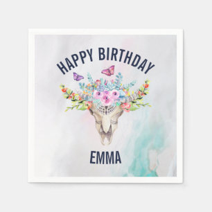 Guardanapo De Papel Boho Skull com Borboletas e Flores Aniversário