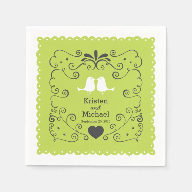 Guardanapo De Papel Boho Swirls, Curls, um Casamento Banner & Lovebird (Frente)