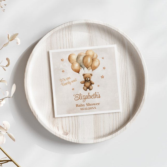 Guardanapo De Papel Boho Teddy Bear com Chá de fraldas de Balões (Boho Teddy Bear with Balloons Baby Shower Napkins on white table with dry flowers.)