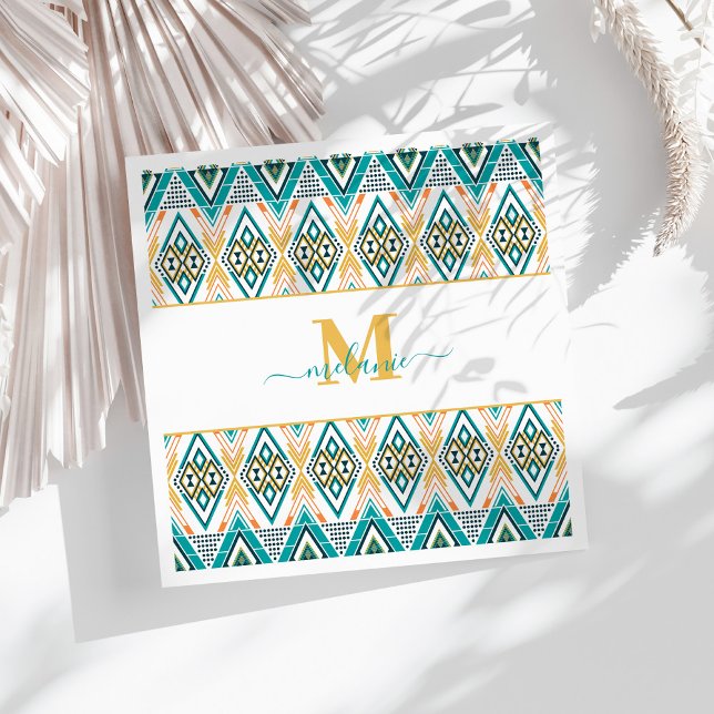 Guardanapo De Papel Boho Turquoise Mostarda Tribal Diamond Monograma (Boho Turquoise Mustard Tribal Diamond Monogram Napkins on a sunny white table.)