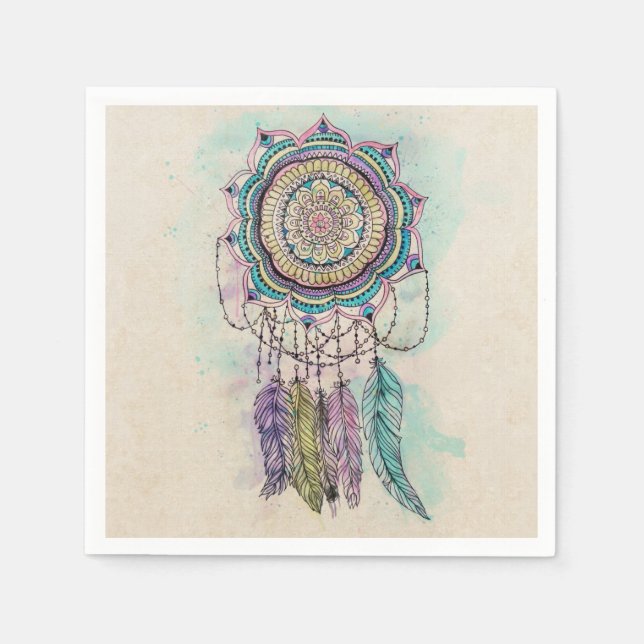 Guardanapo De Papel Boho Watercolor Mandala Dreamcatcher (Frente)