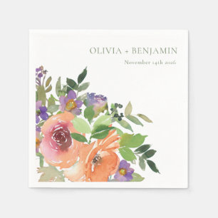 Guardanapo De Papel Boho Watercolor Púrpura Laranja Nomes De Casamento