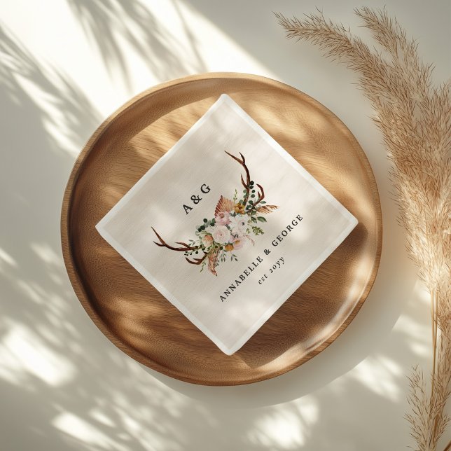 Guardanapo De Papel Boho Wedding Rustic Antler Floral Wedding Monogram (Criador carregado)