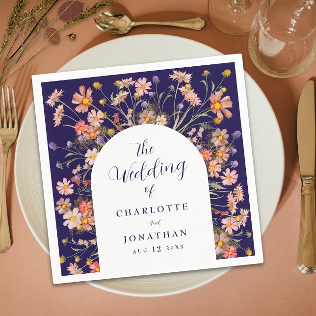 Guardanapo De Papel Boho Wildflower Arch Marinho Blue Weding (Boho fall wildflower rustic floral arch navy blue and white wedding custom paper napkins )