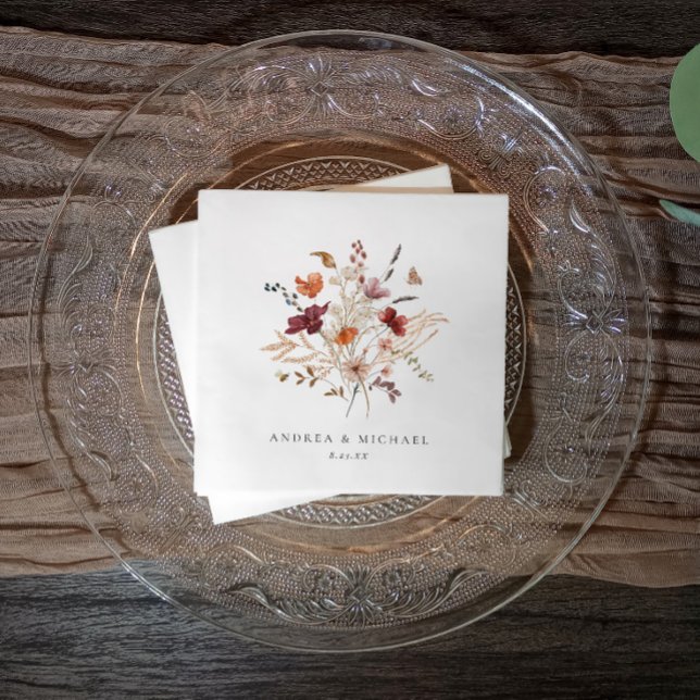 Guardanapo De Papel Boho Wildflower Fall Floral (Soft watercolor wildflower napkin with names and date—ideal for rustic, boho, or garden weddings.)