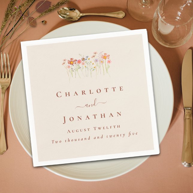 Guardanapo De Papel Boho Wildflower Tan Beige Terracotta Wedding (Boho Wildflower floral tan beige terracotta Wedding custom napkins Watercolor meadow flowers elegant)