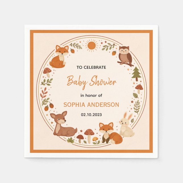 Guardanapo De Papel Boho Woodland Baby Shower | Rustic Forest Animals (Frente)