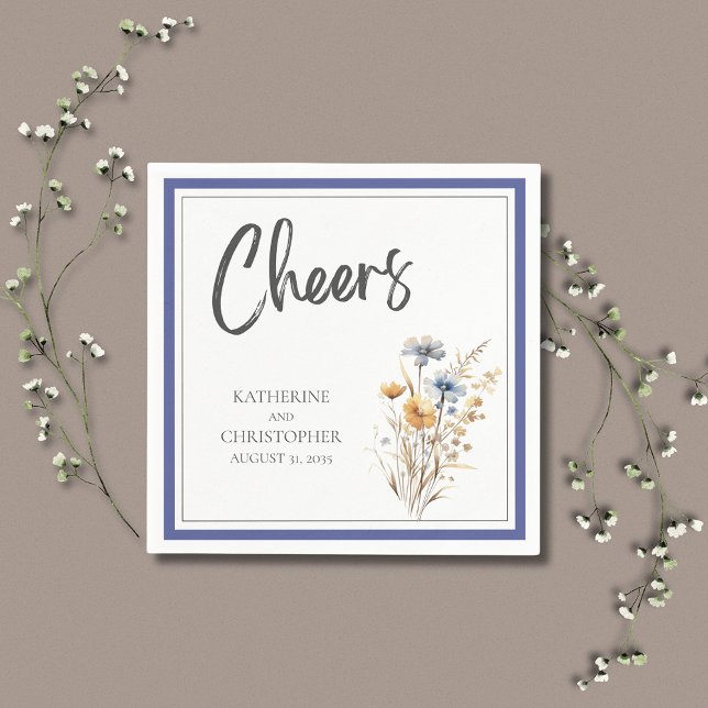 Guardanapo De Papel Bois Azul Flores Selvagens Elegante Casamento Form (Cheers Blue Wildflowers Elegant Formal Wedding Cocktail Napkin with blue, yellow, purple flowers.)