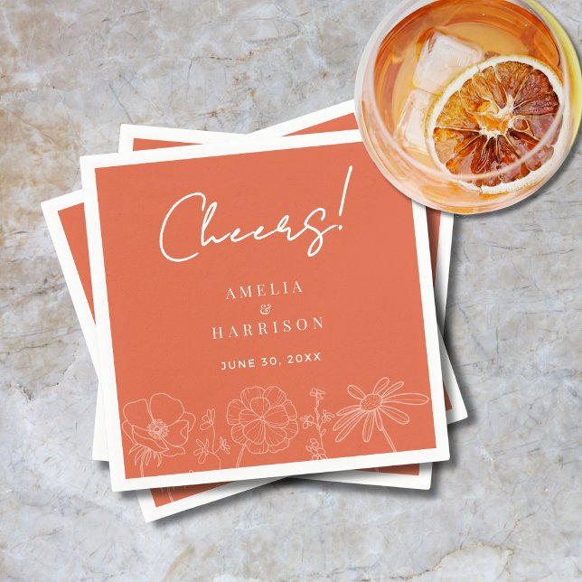 Guardanapo De Papel Bois Verona Sunset Elegante Orange Floral Weding (Cheers Verona Sunset Elegant Orange Floral Wedding Cocktail Napkin with Couple Names, Wedding Date.)