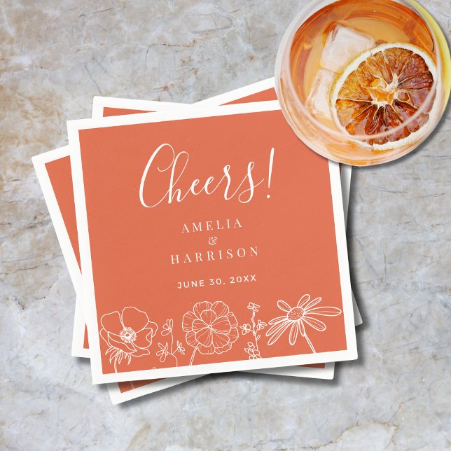 Guardanapo De Papel Bois Verona Sunset Elegante Orange Floral Weding (Cheers Verona Sunset Orange Floral Line Art Wedding Cocktail Napkin with Couple Names, Date.)