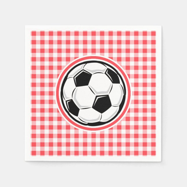 Guardanapo De Papel Bola de Futebol; Gingham Vermelho e Branco (Frente)