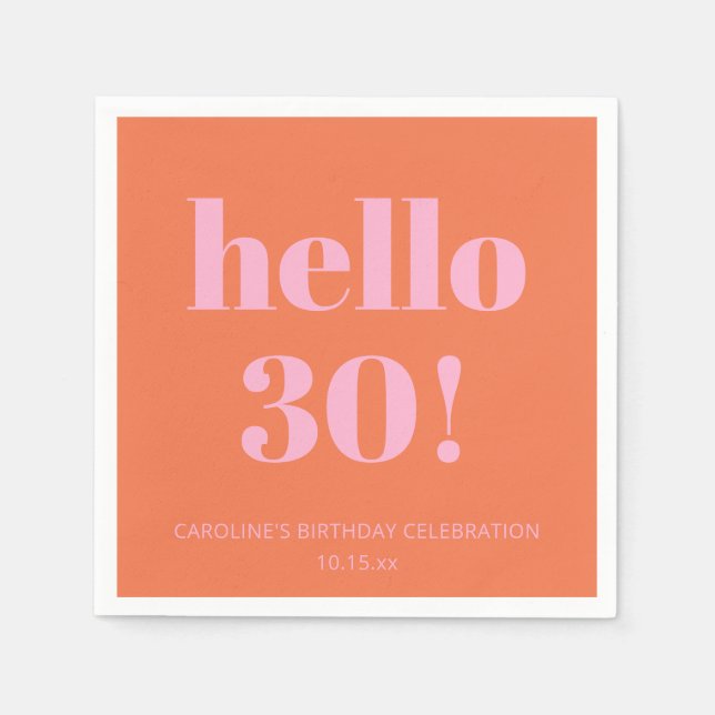 Guardanapo De Papel Bold Modern Simple Orange Pink 30th Birthday Party (Frente)