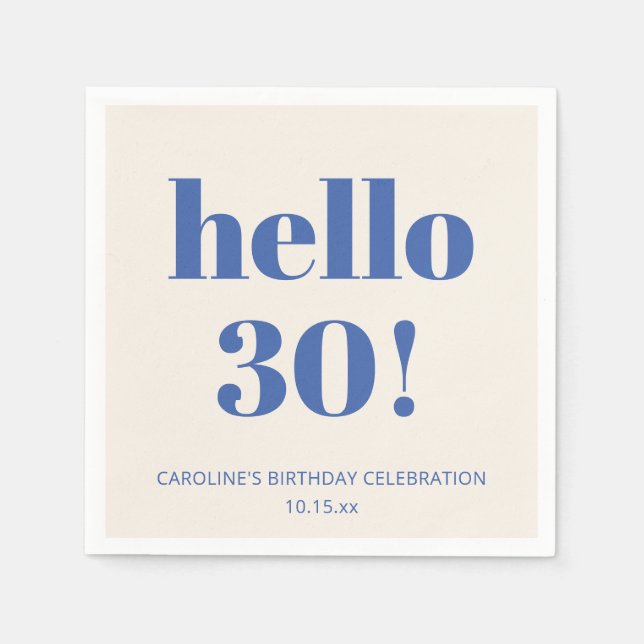 Guardanapo De Papel Bold Typography Ivory Blue Modern 30th Birthday  (Frente)