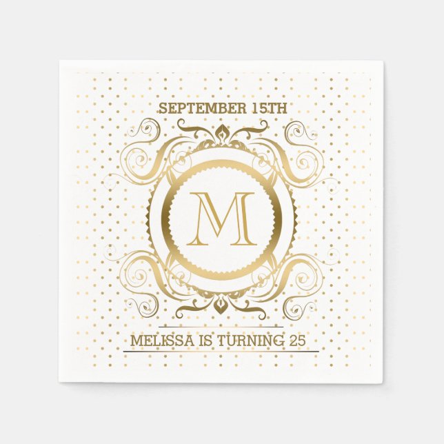 Guardanapo De Papel Bolinhas & Frame Floral em Branco e Dourado (Frente)