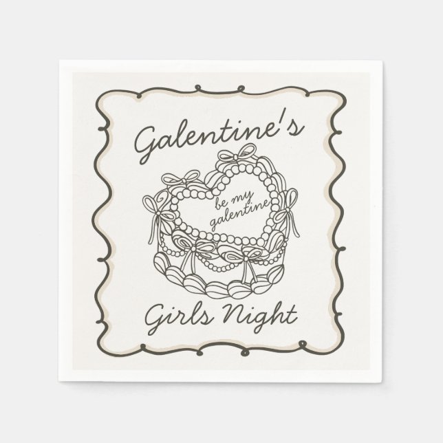 Guardanapo De Papel Bolo Coquete Coração Retro com Laço Bege Galentine (Frente)