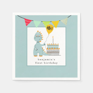 Guardanapo De Papel Bolo de Dinossauro Gelado Azul Primeiro Aniversár