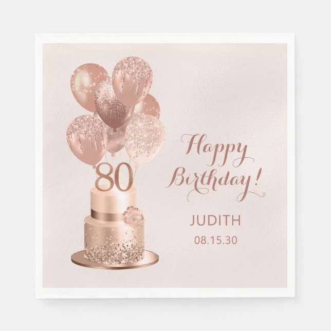 Guardanapo De Papel Bolo Dourado de Rosa de Aniversário de 80 (Frente)