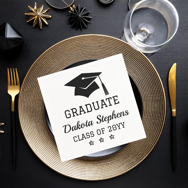 Guardanapo De Papel Boné Elegante e Estrelas Classe de Formando Ano (Black and White Grad Cap "GRADUATE" Graduation Name and Class Year Paper Napkins)