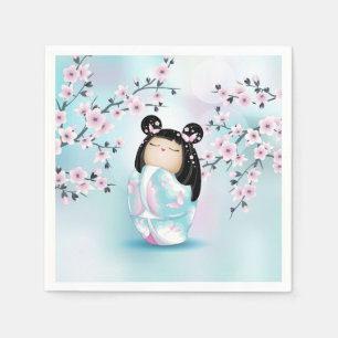 Guardanapo De Papel Boneca Kokeshi Tcherry Blossom Turquoise Rosa