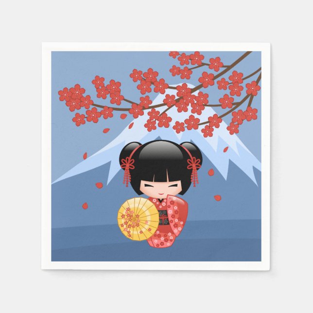 Guardanapo De Papel Boneca Red Sakura Kokeshi - Garota Gisha Bonita (Frente)