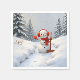 Guardanapo De Papel Boneco de Neve Amigável com uma Pá Vermelha