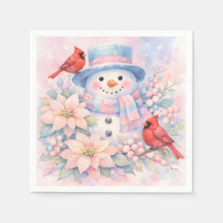Guardanapo De Papel Boneco de Neve em Aquarela Pastel, Poinsettia e Ca