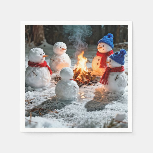 Guardanapo De Papel Bonecos de Neve Derretendo em Torno de uma Fogueir (Frente)