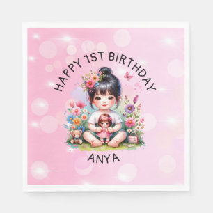 Guardanapo De Papel Bonito aniversário de garota e boneca asiática per