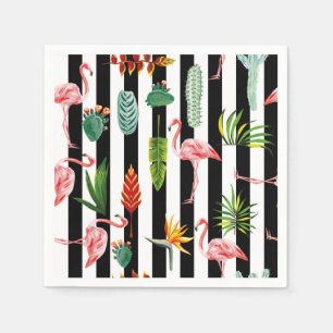 Guardanapo De Papel Bonito faixas brancas pretas com Flamingo Cactus