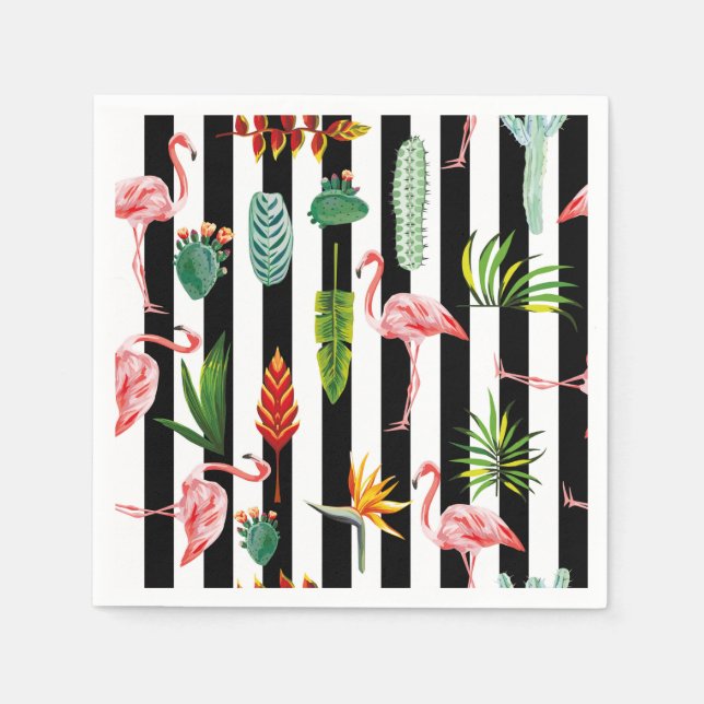 Guardanapo De Papel Bonito faixas brancas pretas com Flamingo Cactus (Frente)