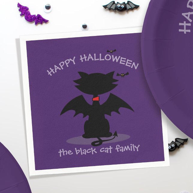 Guardanapo De Papel Bonito Preto do Halloween Asas de Gato Púrpura Náp (Purrfect paper napkins for your black cat themed Halloween Party. Just add your family name)
