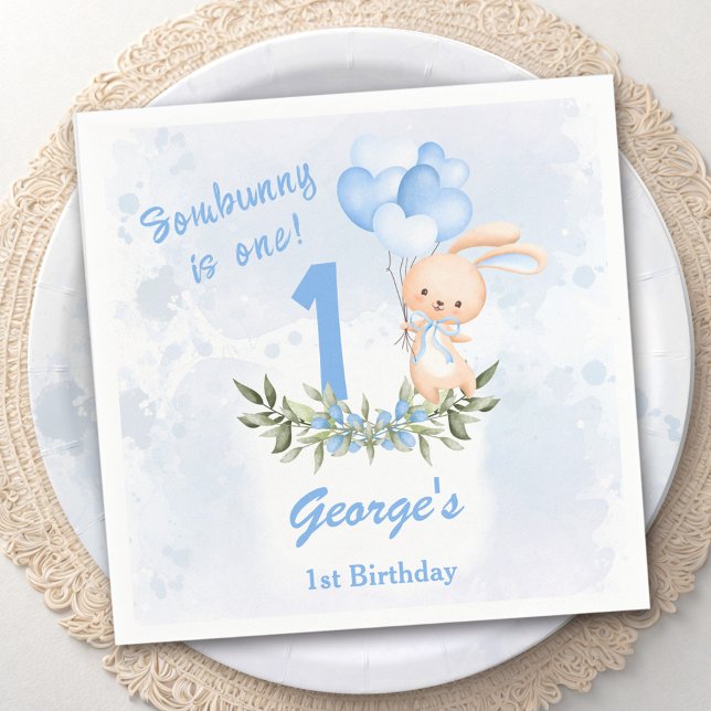 Guardanapo De Papel Bonito primeiro aniversario Azul Garoto Verde Prim (Cute Bunny Blue 1st Birthday Boy Greenery Spring Napkins)
