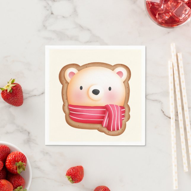 Guardanapo De Papel Bonito Urso Rosto num Biscoito de Natal Vermelho (Insitu)