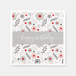 Guardanapo De Papel Bonito Vermelho Moderno e Flores de Cinza Aniversá