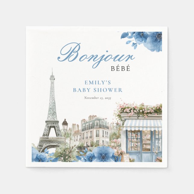 Guardanapo De Papel Bonjour Bebe French Blue Baby Shower (Frente)