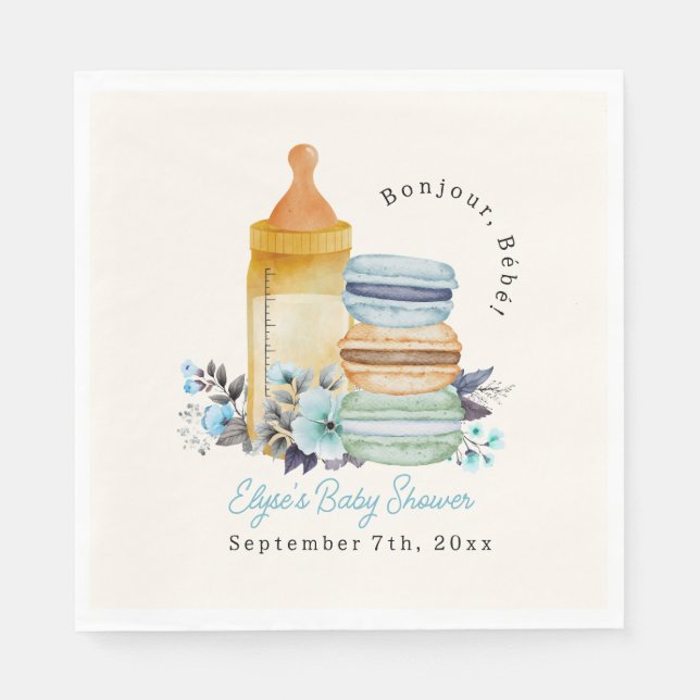 Guardanapo De Papel Bonjour Blue Macarons Milk Floral Boy Baby Shower (Frente)