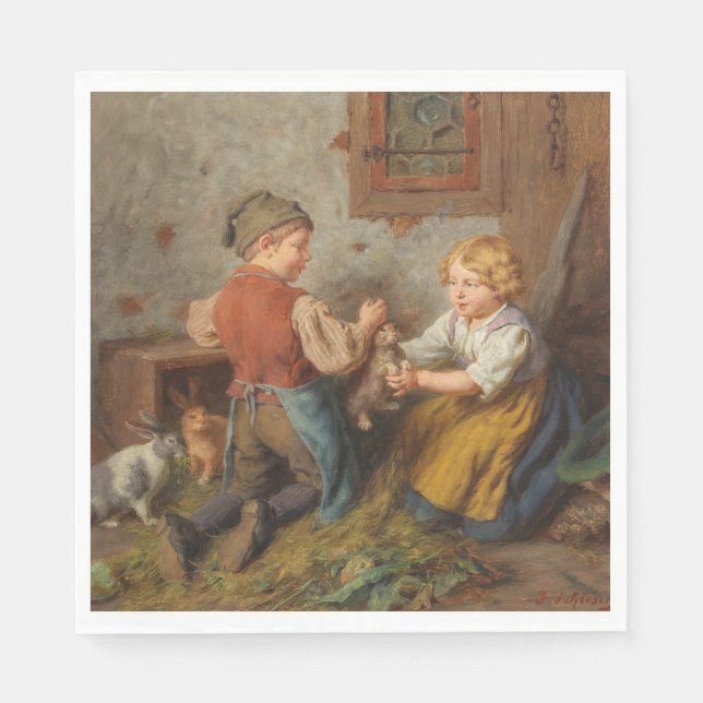 Guardanapo De Papel Bons Amigos (Jovens Brincando Com Coelho De Pet) (Frente)